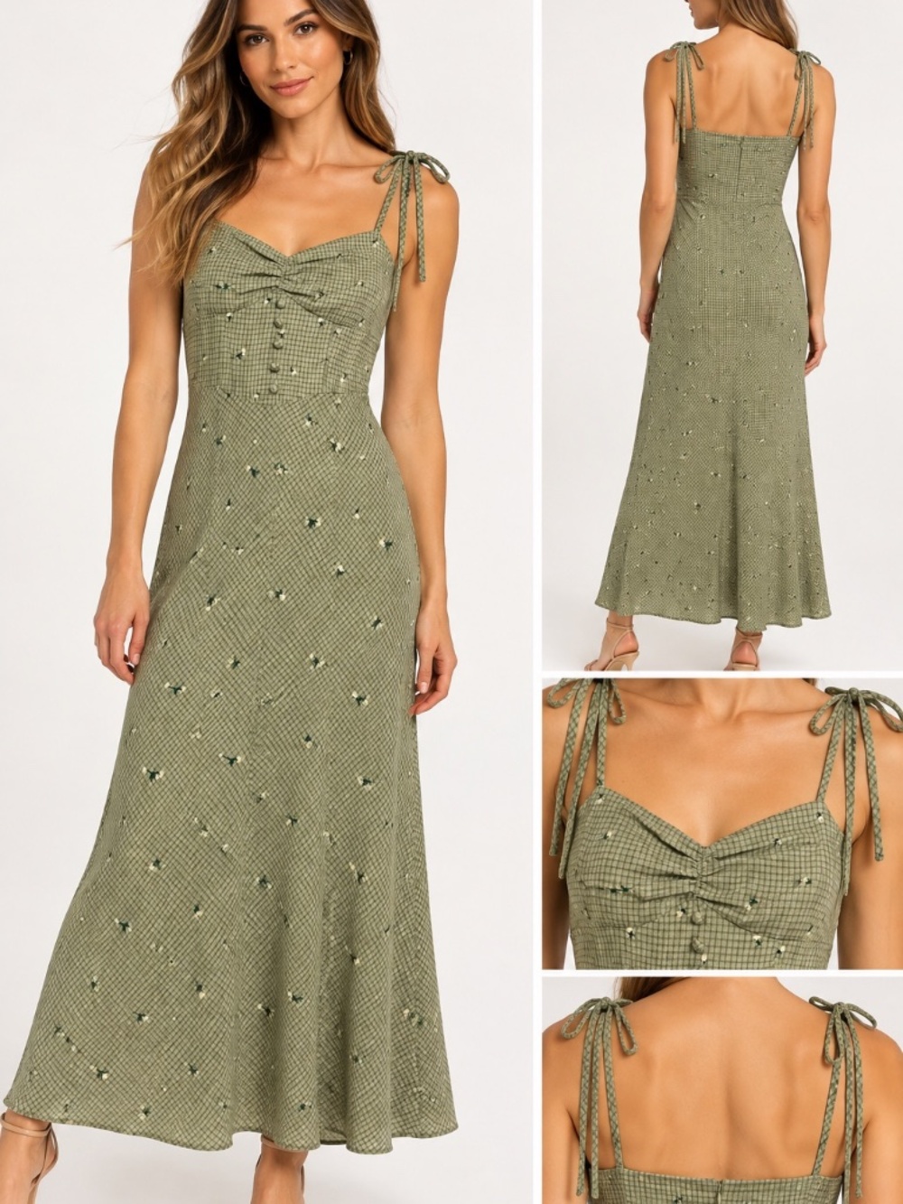 Cottagecore Floral Embroidered Gingham Tie Strap Mermaid Maxi Dress US 6 Nasty G